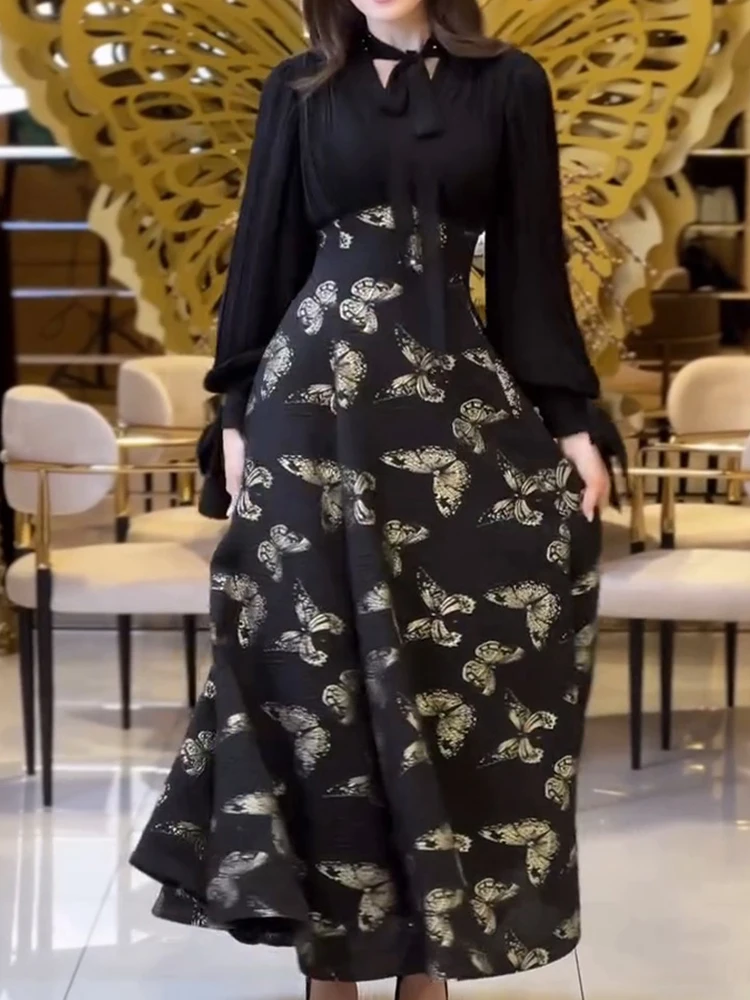 Vestido largo bohe ajustado informal de manga larga para mujer, vestido de fiesta drapeado con estampado de flores a la moda, vestido de vacaciones elegante con cordones y cuello en V