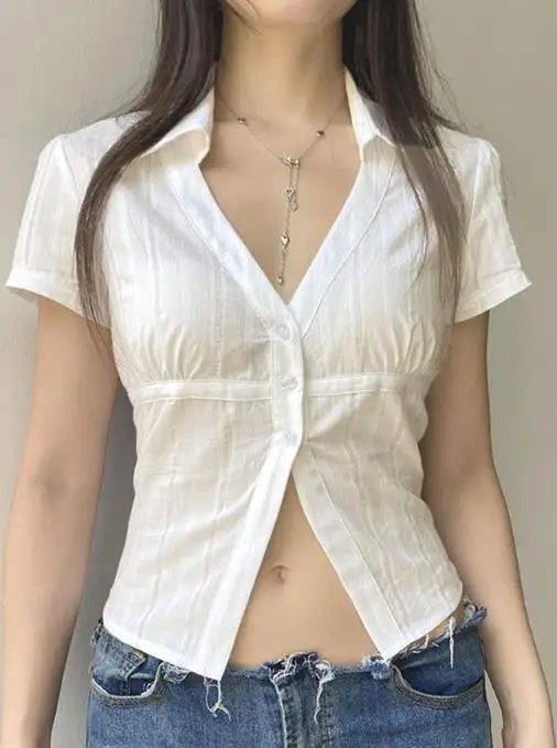 

Sexy Y2K Spicy Girl Style Solid Color Short Sleeved Open Shirt Women's Clothing New Fashion 2025 Summer Casual Clothing Outfits