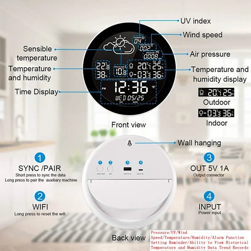 7in1 Wireless Indoor Outdoor Weather Station with 80M Sensor Thermometer Hygrometer Alarm Clock Calendar Air Pressure Home 2023