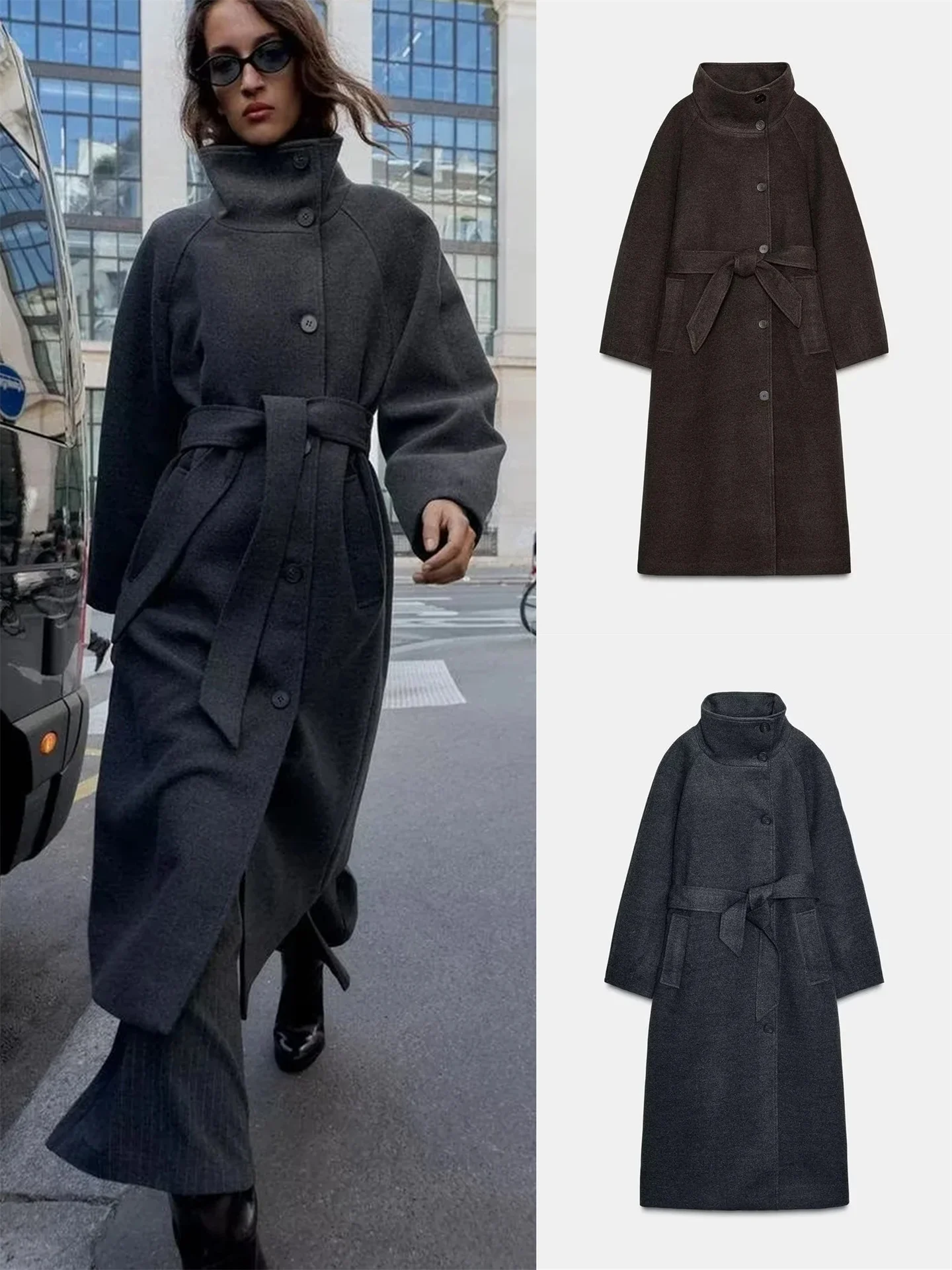 

Ele Winter New Arrival Women's Long Sve Stand Collar Coat with Belt Soft Faionable Outerwear Briti Sle Commute