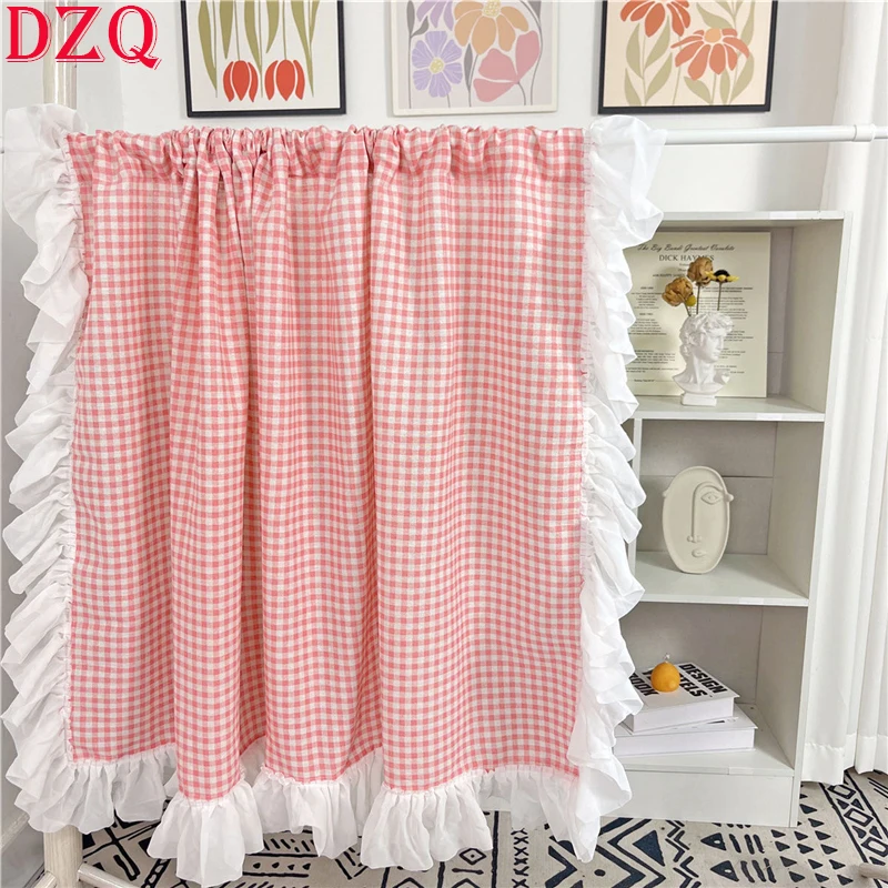 

Korea Sweet Lace Pink Plaid Short Curtains Rural Blue/Orange/Green Lattice Ruffles Half Curtains Cloth for Kitchen #A149