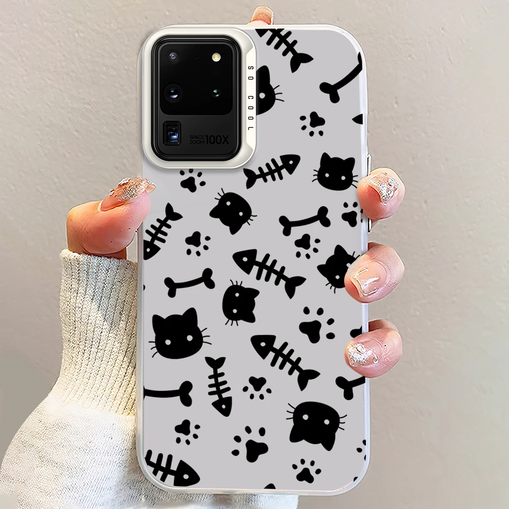 Cat Fish Bone Doodle Laser Phone Case for Samsung S24 23 22 ULTRA A25 33 32 34 S PLUS IMD Shockproof Silicone Coque