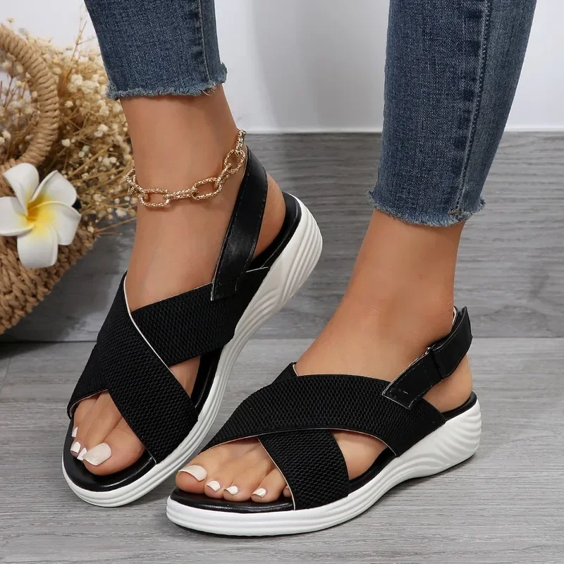 Sandalias de tacón de cuña con punta redonda para mujer, zapatillas cómodas diseño  marca, nuevas, moda de verano