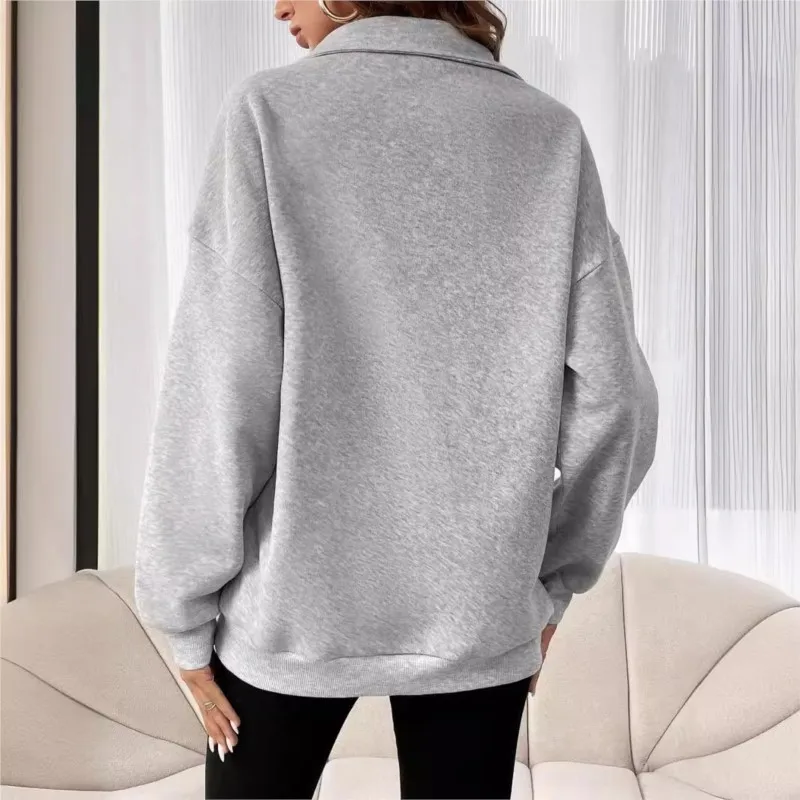 Grey Autumn Winter Women\'s Hoodies Solid Color Loose Short Half Zip Pockets Thumb Hole Long Sleeve Pullover Sweatshirts Hoody