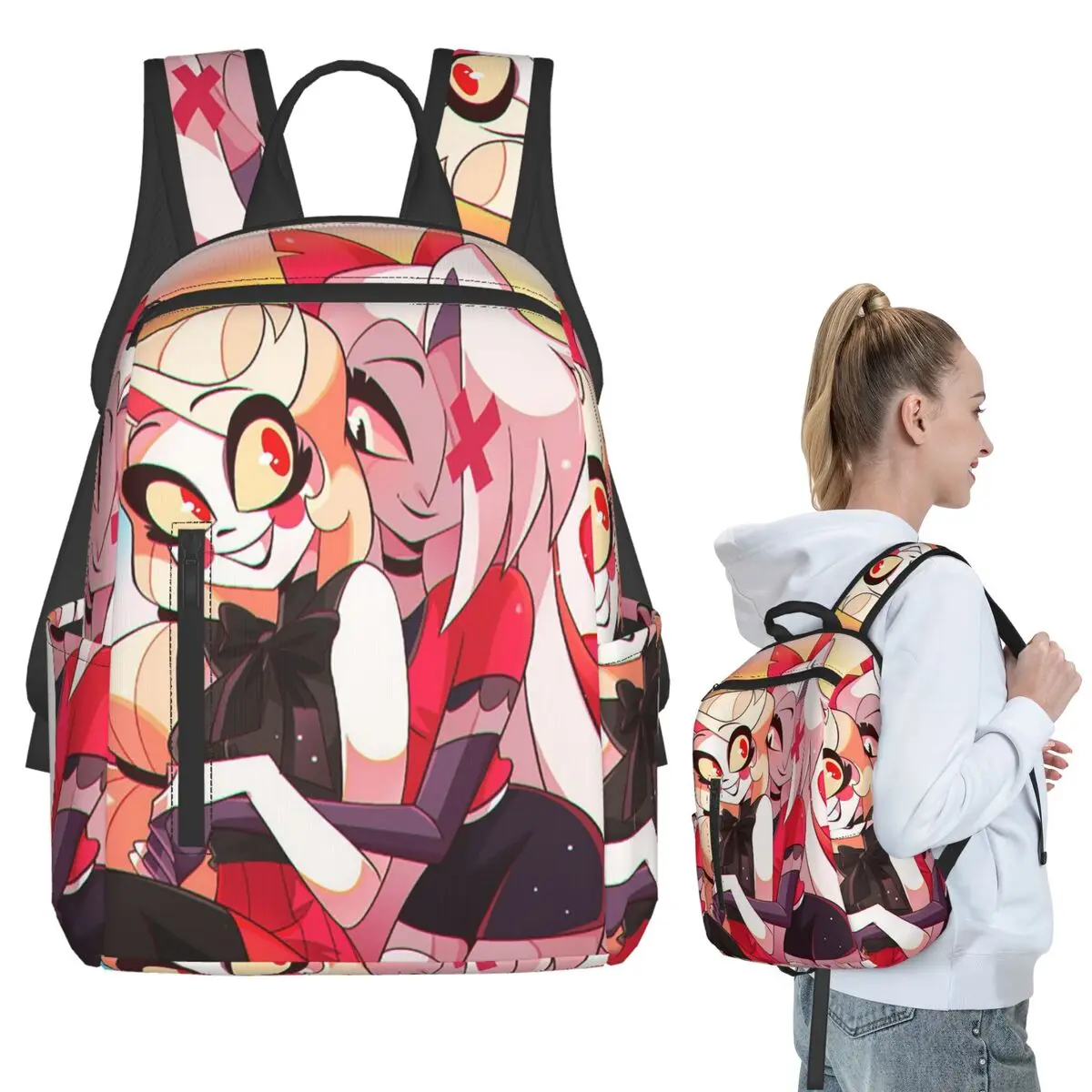 

Charlie And Vaggie Valentines Hazbin Hotels Backpack Student BookBag Kids School Bag Laptop Shoulder Bags Men Women