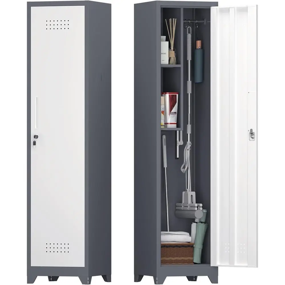 

Компактный шкаф для хранения метел с запирающейся дверцей и штангой для подвешивания, подходит для дома и офиса, серо-белый