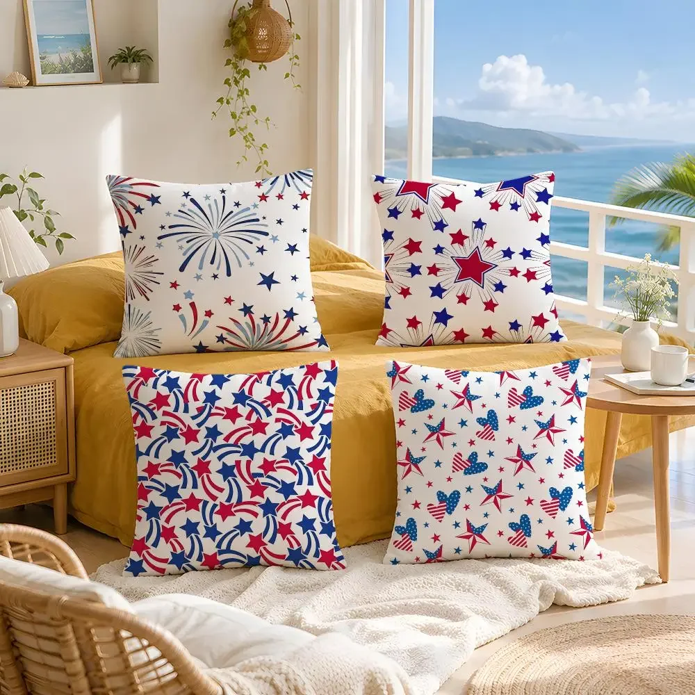 Patriotic Firework Star Print Cushion Cover Throw Pillow Short Plush Fresh Natural Cushion for Living Room Sofa Ornament Gift