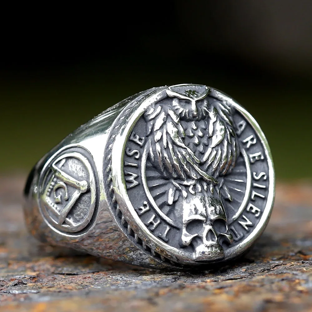 New Gothic viking Freemasonry and raven skull Ring For Men Women Stainless Steel Male Anel Gift free shipping