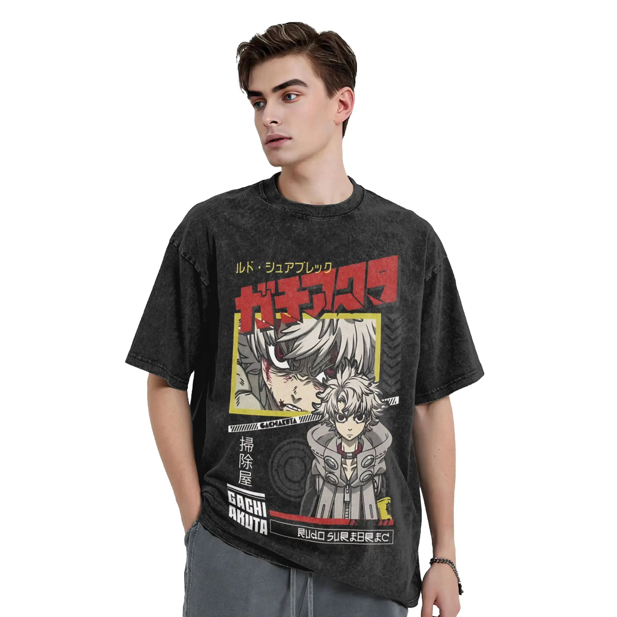 

Футболки Rudo Gachiakuta в стиле хип-хоп, с эффектом потертости, с коротким рукавом, оверсайз, ретро, для мужчин и женщин, уличная одежда, с принтом