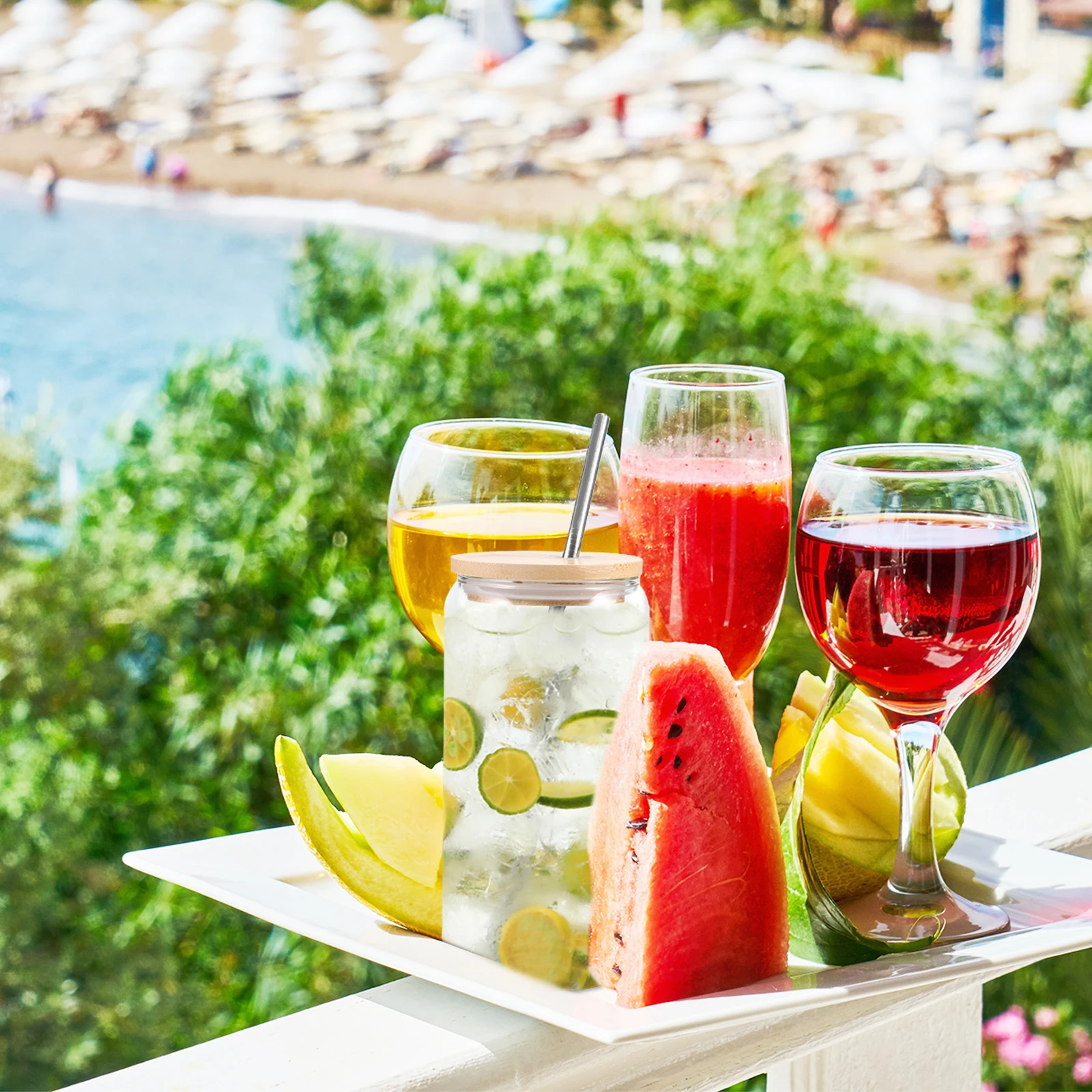 

1Set Glass Cup with Bamboo Lid and Straw Clear Glass Tumbler for Juice Milk Water Coffee Iced Drinks Drinking Bottle for Kitchen