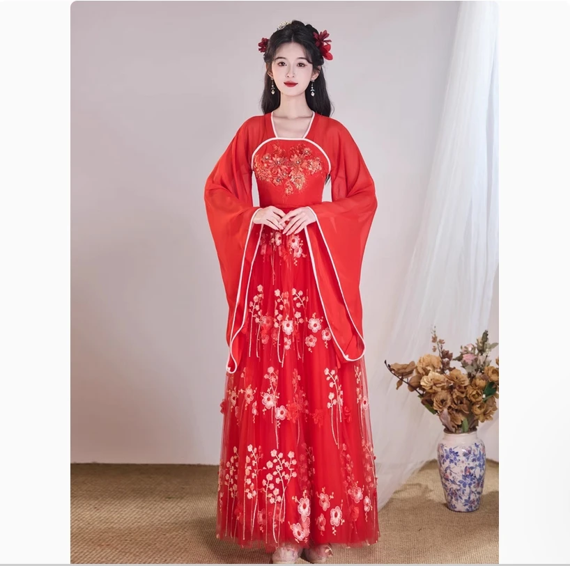 

Красное женское платье Hanfu 2025, новое улучшенное платье с широкими рукавами, платье в древнем стиле для взрослых, супер бессмертное летнее платье для выступлений