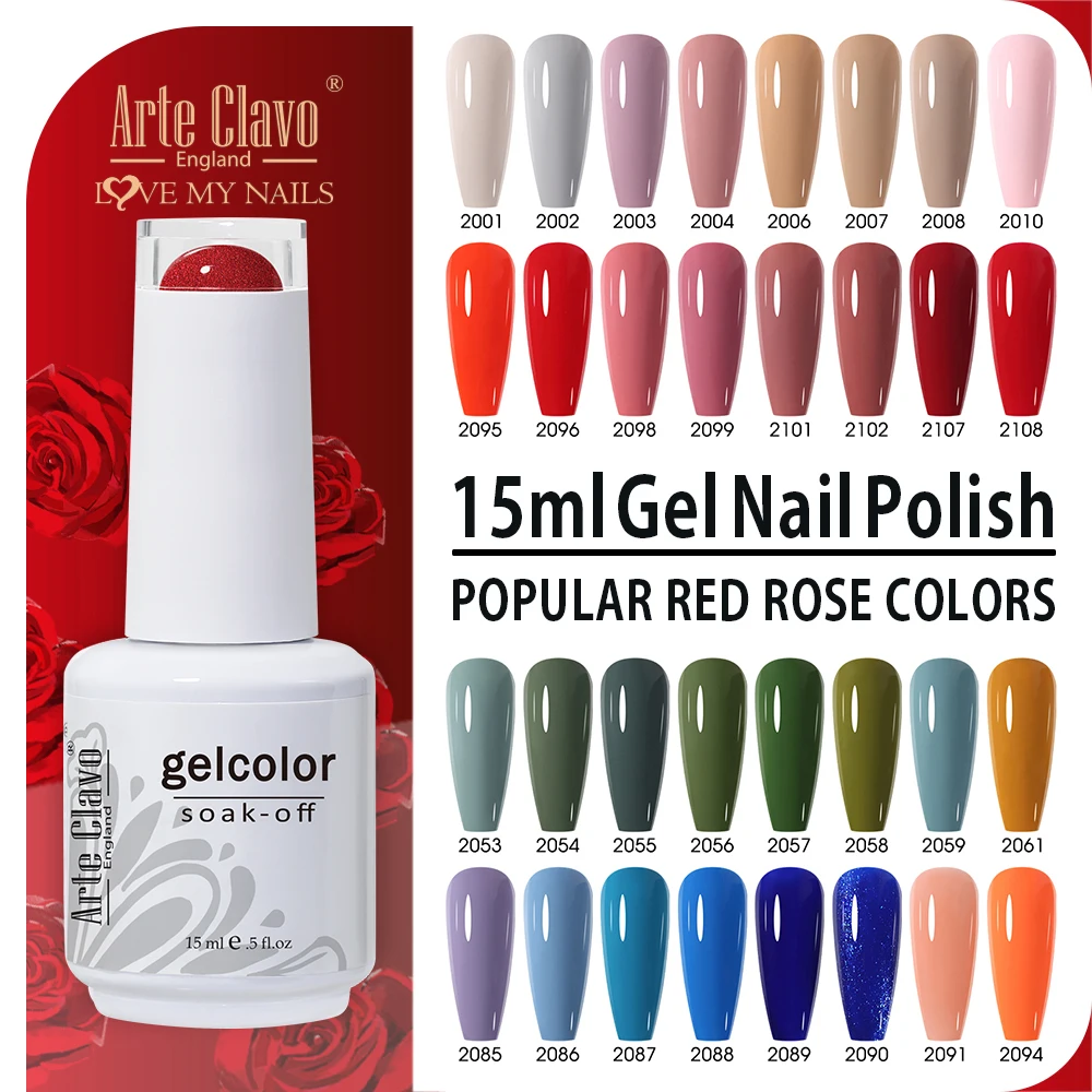 Arte Clavo 15 مللي طلاء أظافر جل أحمر اللون وردي شبه دائم للأشعة فوق البنفسجية ورنيش نقع قبالة LED هلام مسمار الفن التمهيدي قاعدة معطف فوقي مانيكير