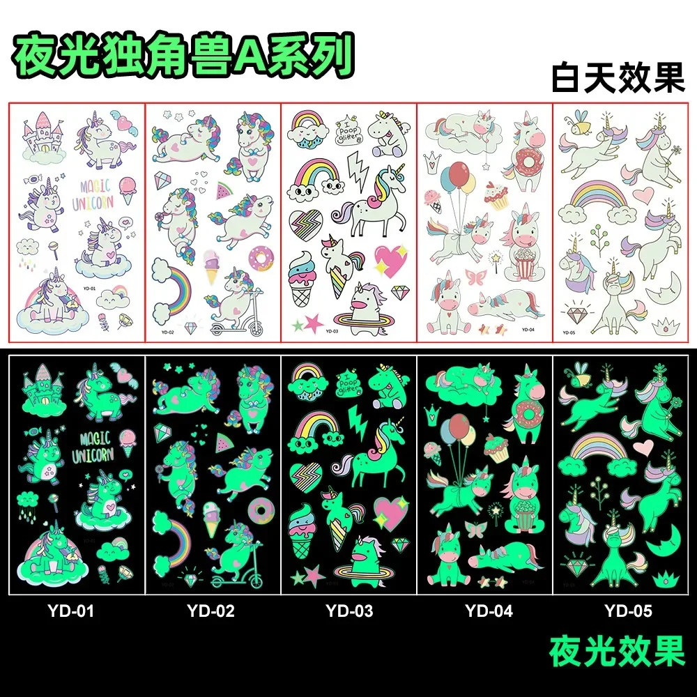 40pcs/8Set Luminous Tattoo Stickers Cartoon Children Unicorn Mermaid Kid Stickers For Children Temporary Tattoo Stickers For Kid