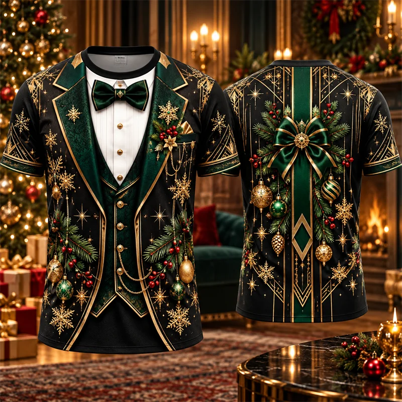 Tartan Plaid Christmas Tuxedo T Shirt for Men Faux Suit Print Red Tie Short Sleeve Crew Neck Holiday Party Costume Graphic Top