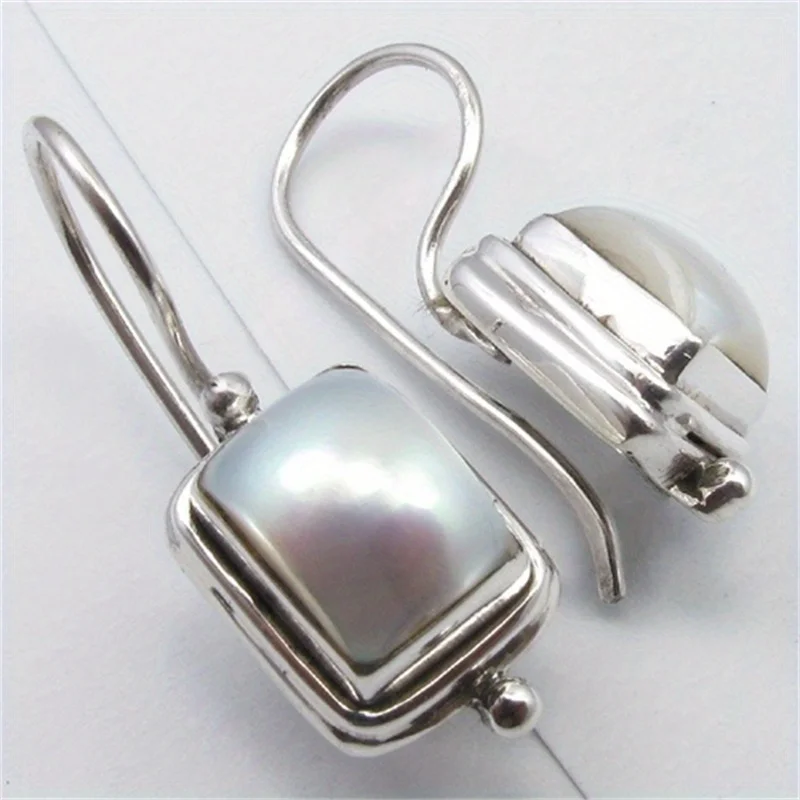 Ethnic Silver Color White Stone Dangle Earrings Woman Carving Square Party Daily Wear
