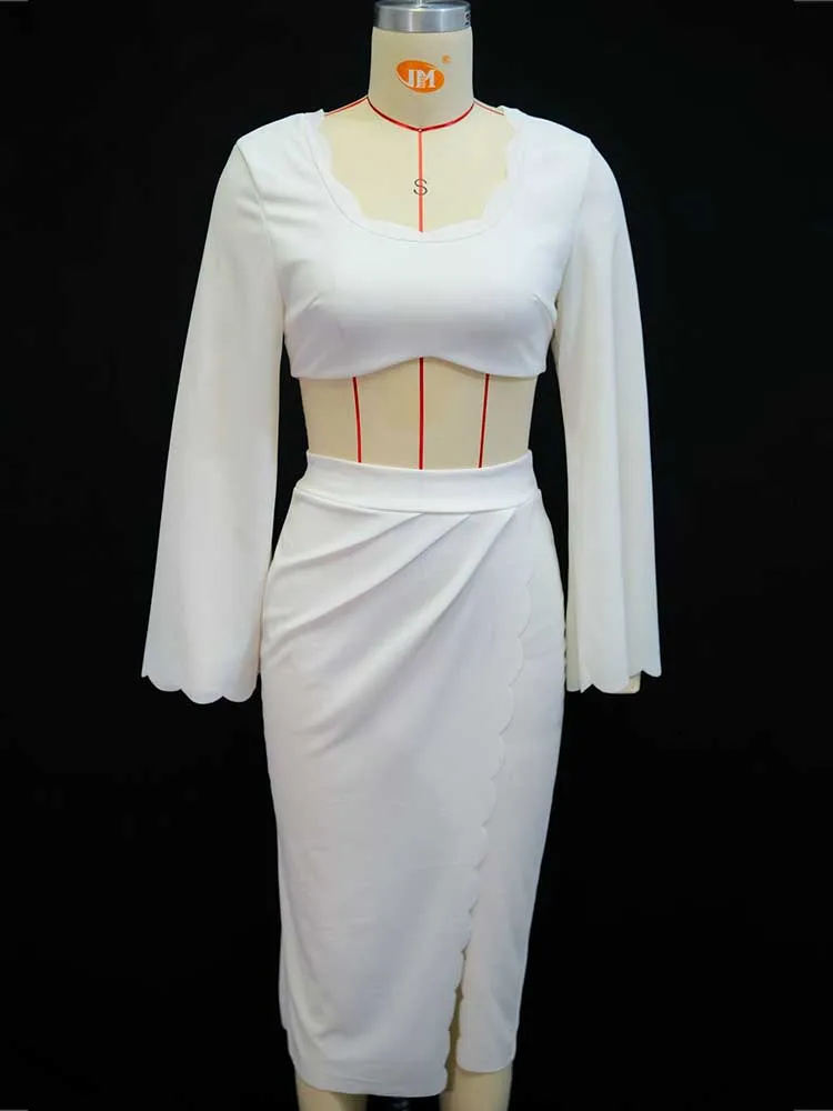 Summer 2 Piece Outfits Woman Square Collar Long Sleeve Top Slimming and Slit Dress Chic Elegant Women Sets Skirt Beige