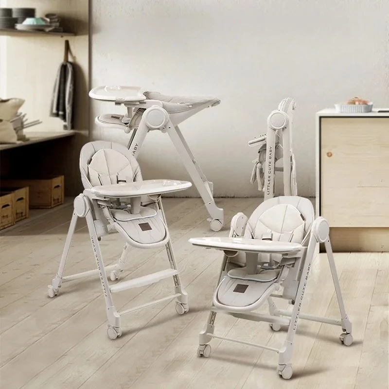 

Adjustable Baby High Chair Reclining Function Durable Wheels Toddler Dining Seat Safe for Kids with 5-Point Harness