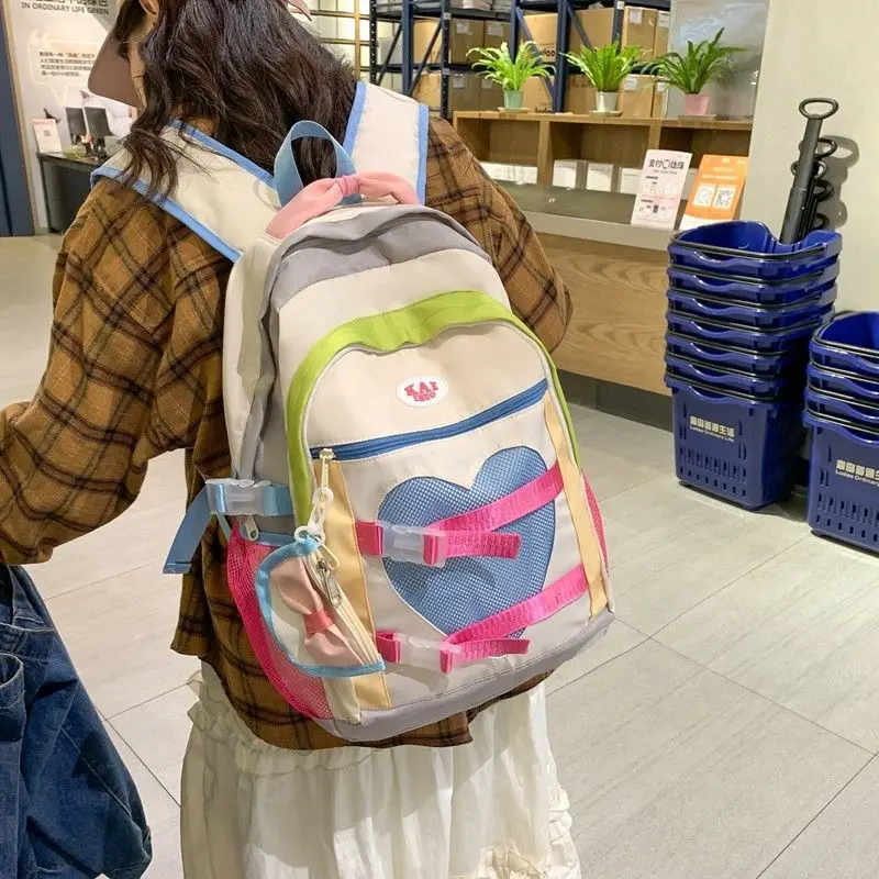 Contrast Color Patchwork Heart Women Backpack Japanese Kawaii All Match Girls Students Backpacks High-capacity Vintage Schoolbag