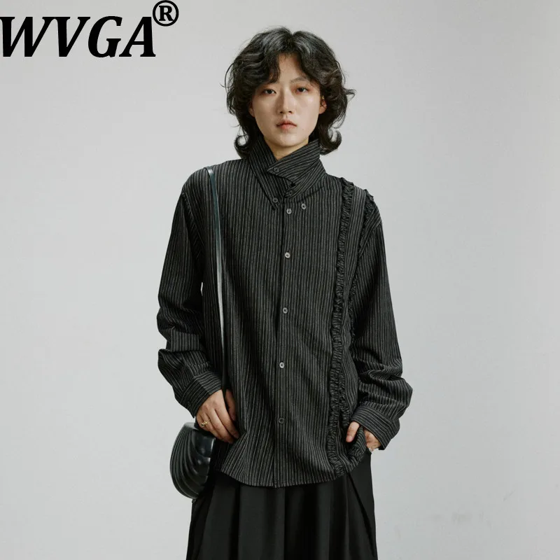 WVGA Spring Autumn New Men French Retro Style Striped Trendy Long Sleeved Shirts Niche Chic Casual Ruffled Loose Tops Ins W27191