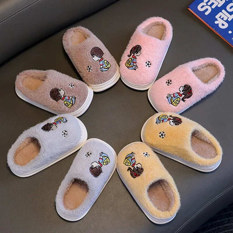 Winter Cotton Children Slippers Cute Warm Plush Anti-Slip Thick Sole Home Shoes Funny Cartoon Fuzzy Slippers Boy Girl Flat Shoes