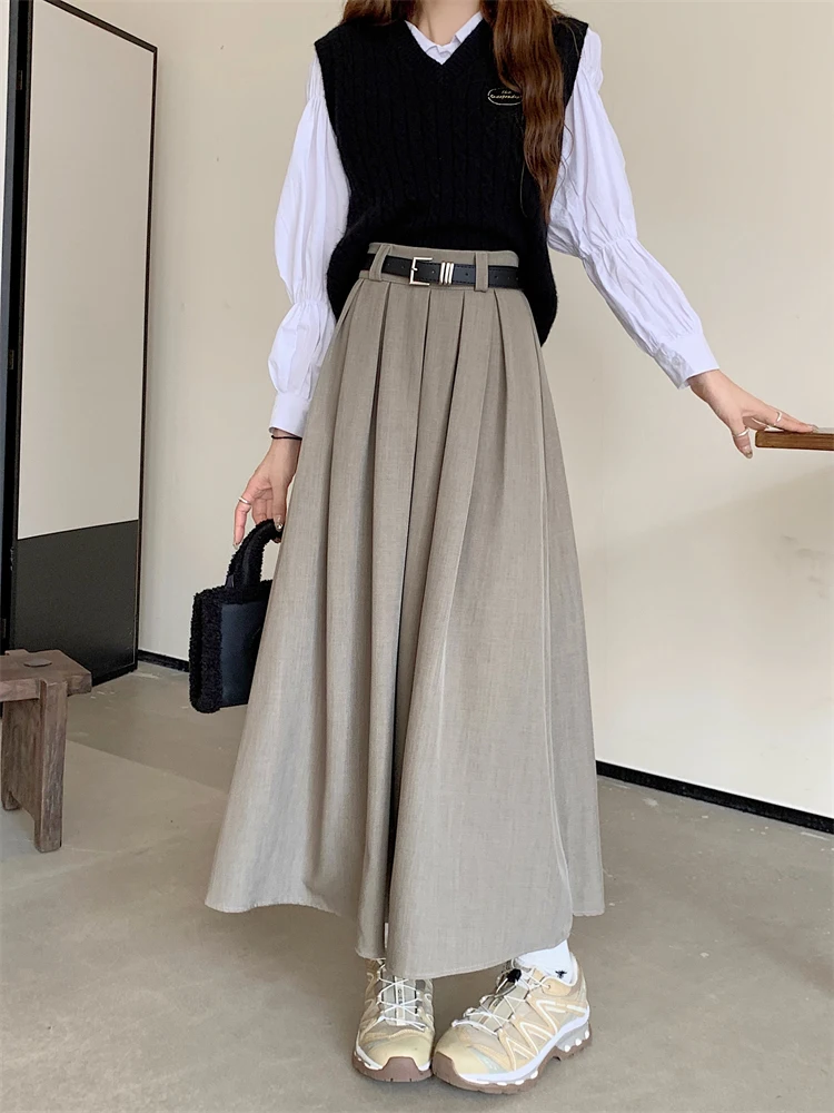 2026 New Korean Skirt Women Solid Color Versatile Mid-length Pleated Skirt Large Swing Type Skirt Female Long Skirts for Women