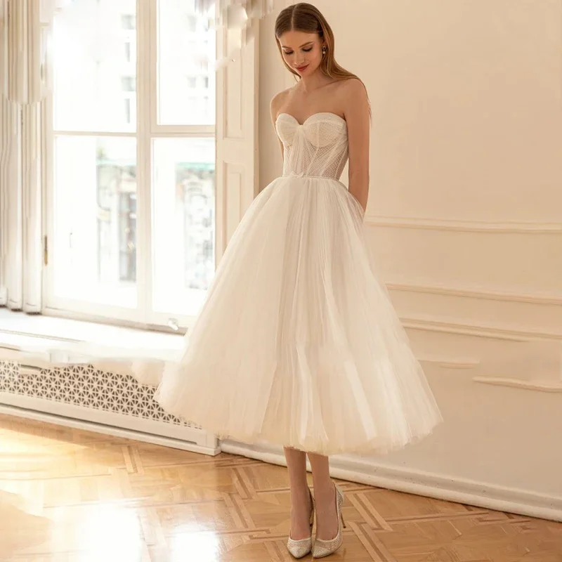 

Romantic Strapless Sleeveless A-line Wedding Dress Sexy Backless Short Robe De Soirée Elegant Tulle Bow Bridal Gown