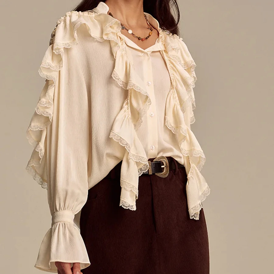 

Collection Women's Long Sleeve Button-Up Lace Patchwork Shirt Ruffer Astmmetrical Soild Color Loose Blouse