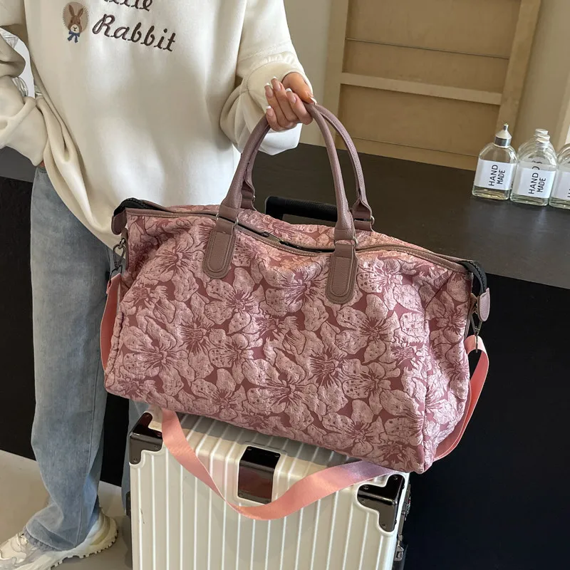 floral-embossed-travel-bag-lightweight-handheld-large-capacity-fitness-sports-bag-for-short-business-trips-men-women