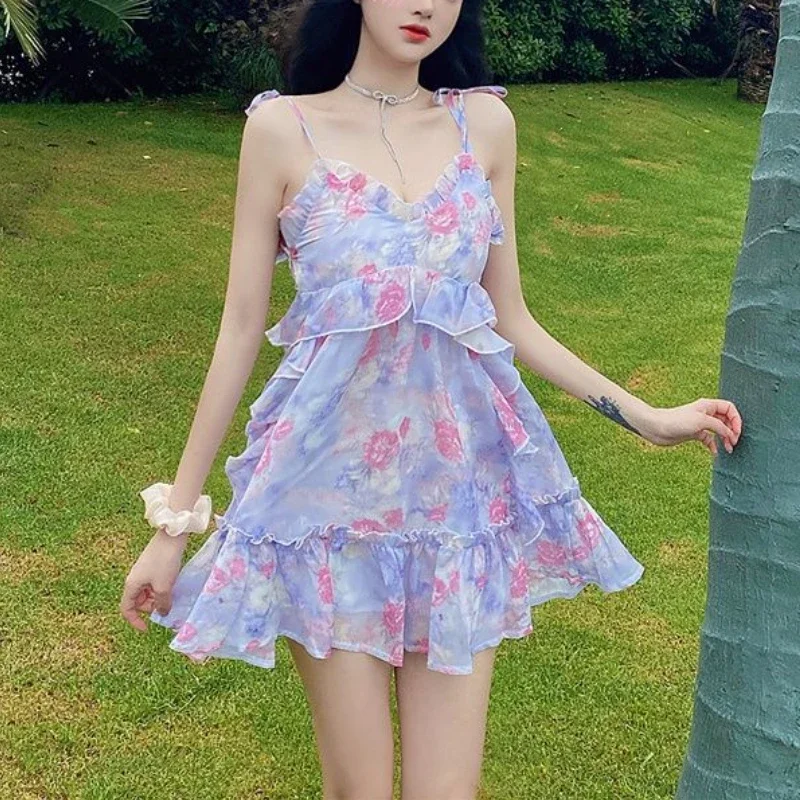 Spaghetti Strap Dress Women Ruffles Sexy Japanese Sweet Princess Dress Female Beach Holiday Floral Mini Boho Dress 2024 Summer