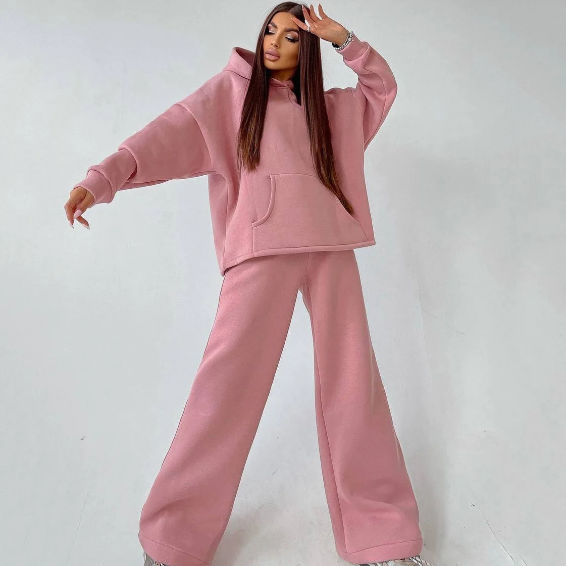 Women Tracksuit Two Pieces Sets Hooded Solid Sweatshirts Loose Wide Leg Pants Pockets Elastic Waist Sports High Street