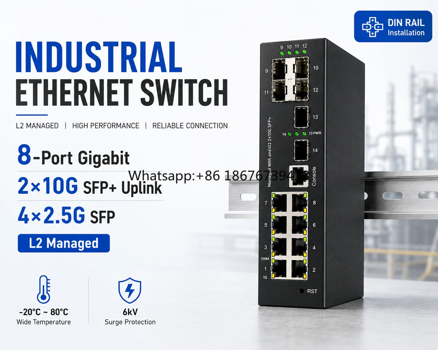 L2 Managed Gigabit 8 Port Industrial Ethernet Switch with 2x10G SFP + 4x2.5G SFP