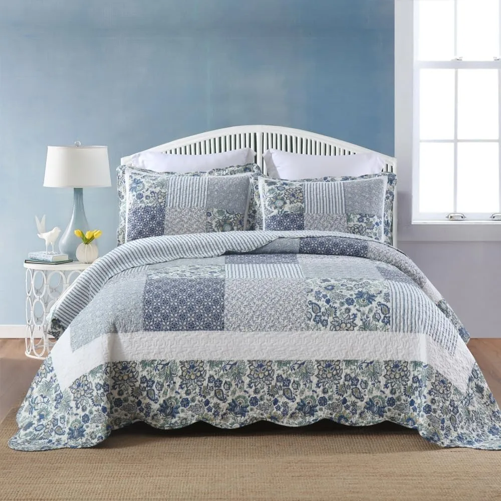 

Vintage Blue Floral Patchwork 3-Piece Reversible Coverlet Set for Cotton Bedspread and Comforter