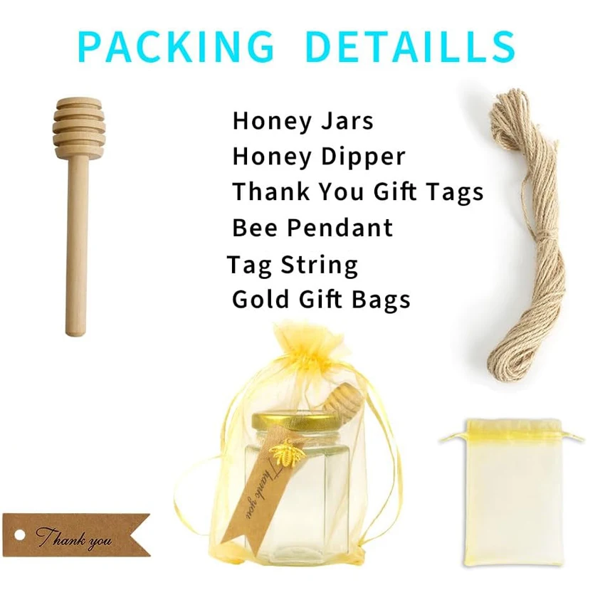 Glass Hexagon Honey Jars Golden Lids - Wooden Honey Dipper Sticks, Bee Charms, Tag String, Thank You Gift Tags, Wedding Favors