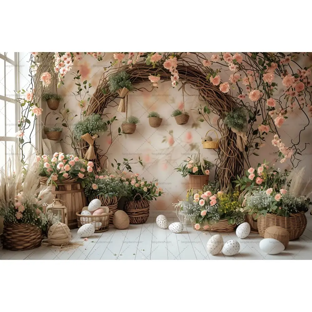 Spring Easter Photography Background Boho Flower Arch Door Bunny Colorful Eggs Rabbit Kids Birthday Decor Backdrop Photobooth
