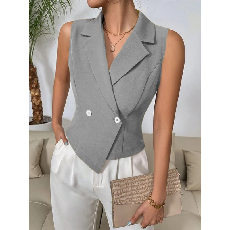 Fashion Women\'s Sleeveless Vest Women Waistcoat Suit Lapel Casual Jackets Two Button 2000s Tops Female Clothing 신상아우터