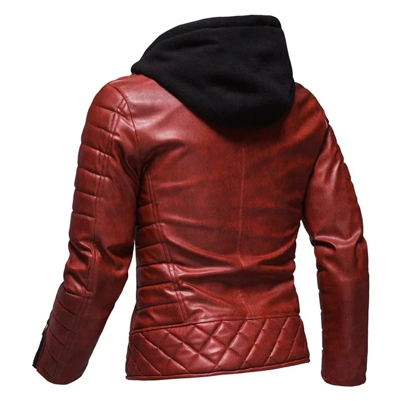 2022 Fashion Red Jacket Men \'s PU Leather Hooded Jacket Personality Motorcycle Jacket Large Size Fashion Men\' S Clothing