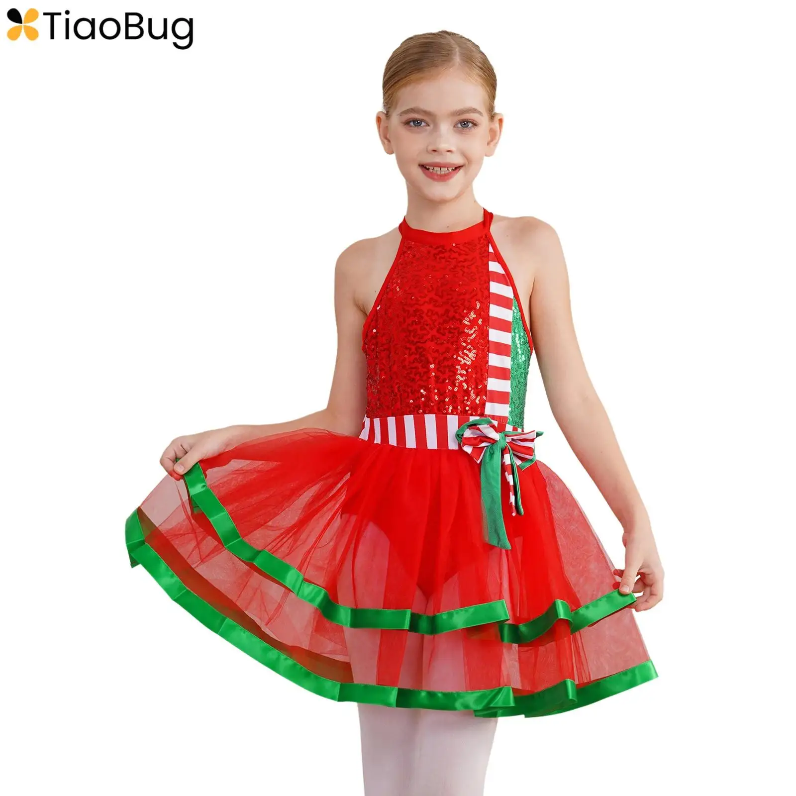 

New Girls Shiny Sequin Christmas Dance Dress Mrs Santa Claus Cosplay Costume Ballet Tutu Dress Figure Ice Skating Leotard Dress