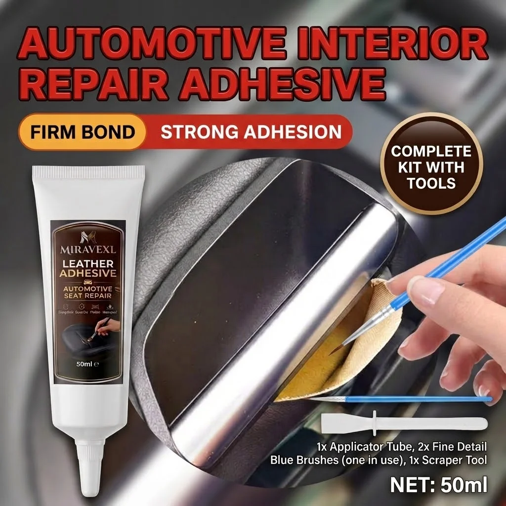 MIRAVEXL Leather Repair Adhesive, Strong Hold Waterproof Quick Drying Glue for Car Seats, Couches, Jackets & Bags, 50ml Kit