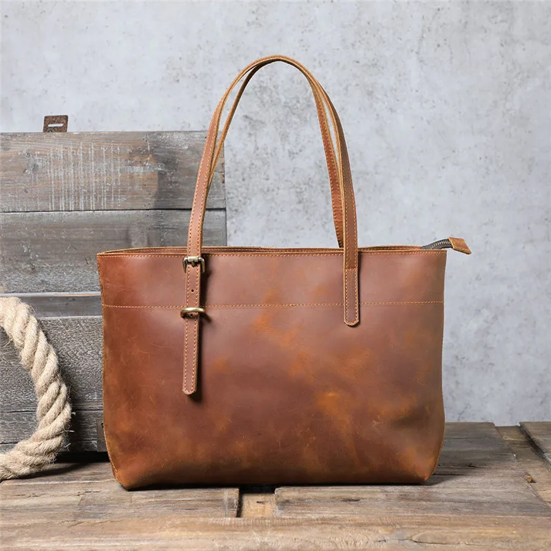 Simple vintage crazy horse cowhide ladies tote bag casual natural genuine leather handbag women's work laptop shoulder bag