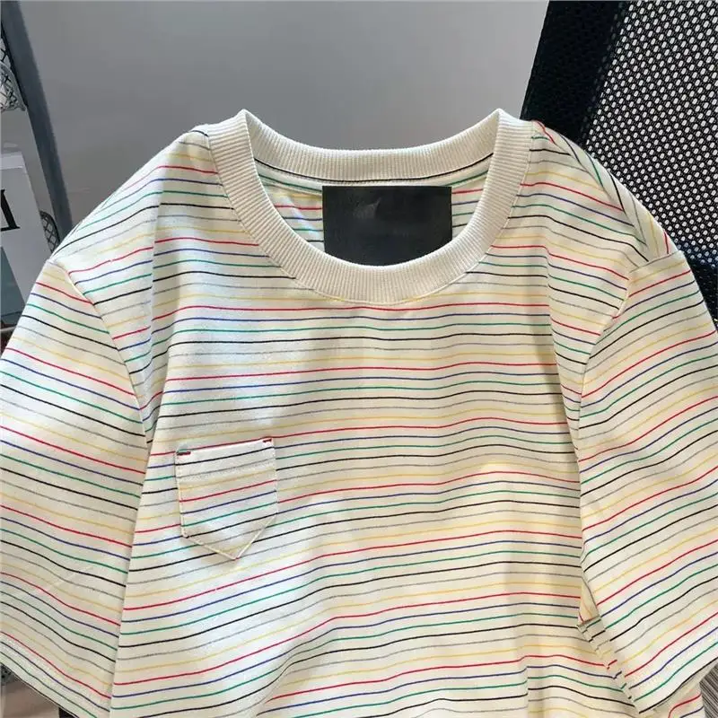 ルーズフィットレインボーストライプ半袖Tシャツ2300ポンドプラスサイズ韓国スタイル夏新着スリミングドーパミントップ