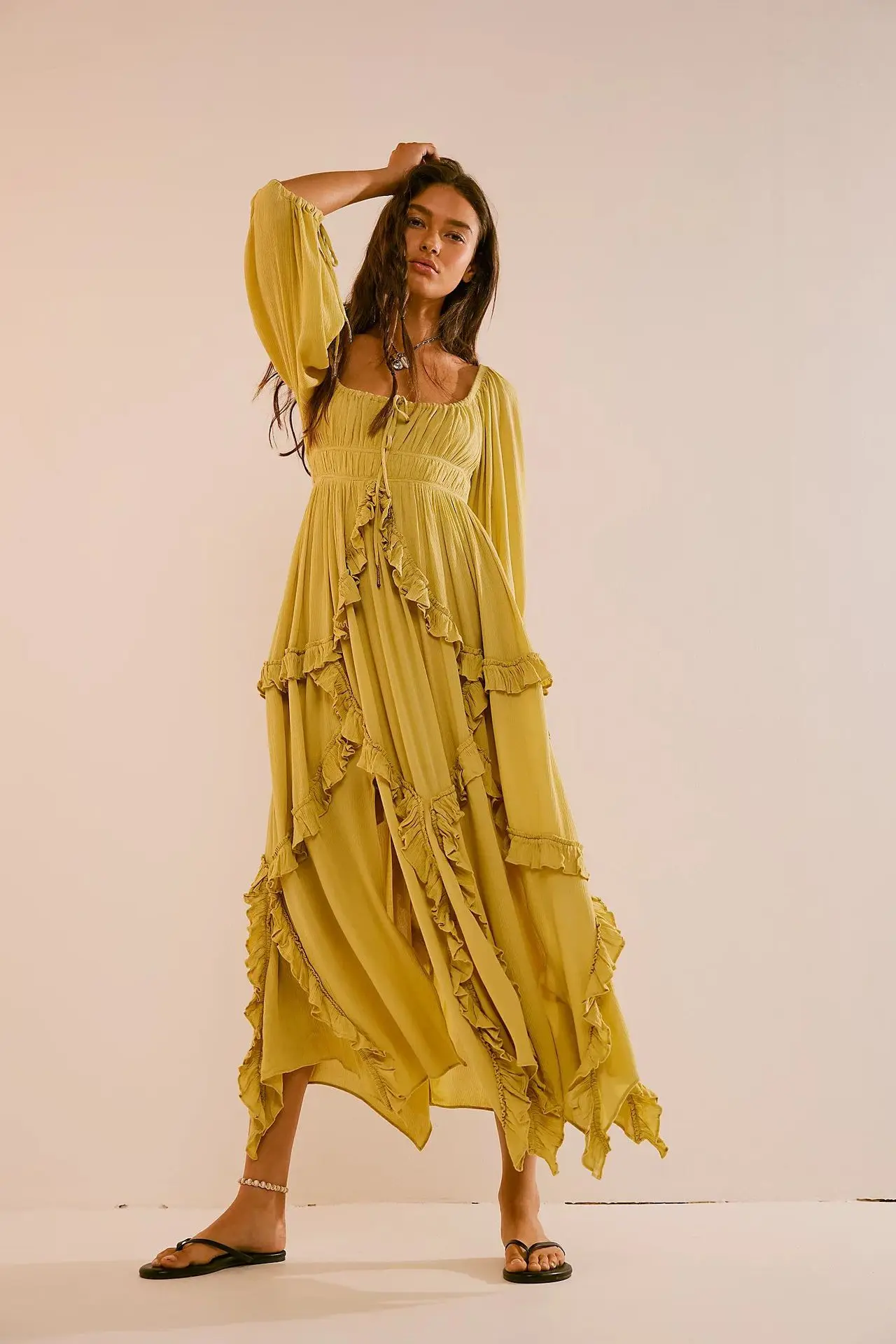 Robe Maxi Boho pour femmes, col carré, manches longues bouffantes, ourlet à volants, mode décontractée, soirée, robe élégante avec Design à plusieurs niveaux