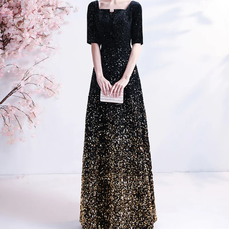 

Elegant Bling Half Sleeve Women Qipao Evening Party Dress Black Gold Gradient Celebrity Banquet Dress Temperament Maxi Dress