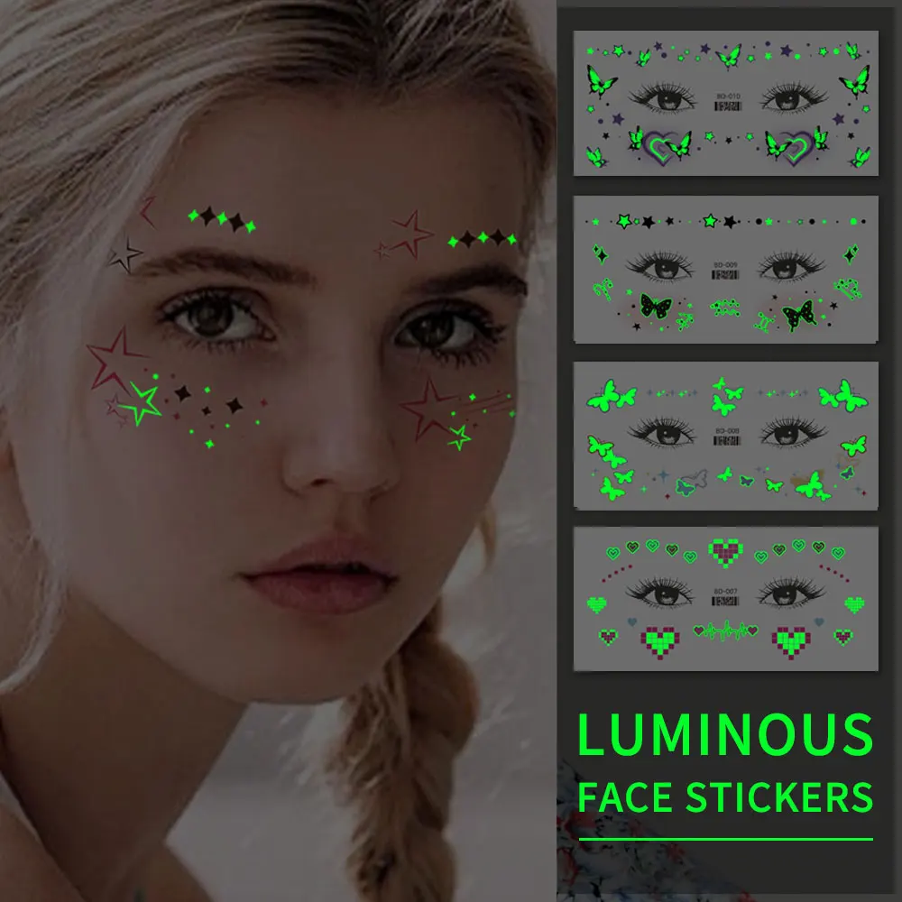

6 шт. зеленые светящиеся наклейки для лица, водостойкие временные татуировки, сердце, бабочка, звезда, вспышка, женские руки, боди-арт, поддельные татуировки, макияж