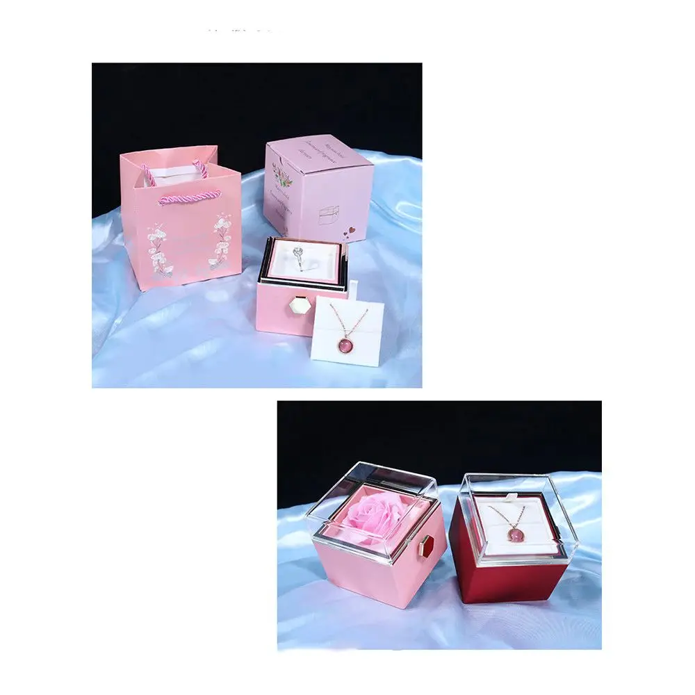 

Rotation Rose Jewelry Gift Box Ring Display Necklace Storage Proposal Ring Boxes Dustproof Eternal Rose Jewelry Display Rack