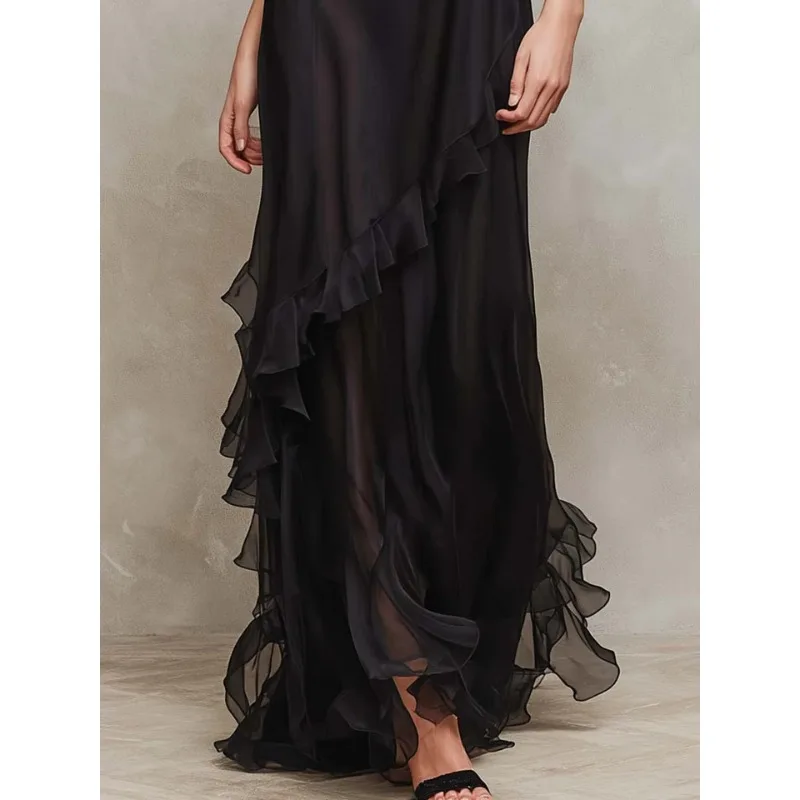 ティナ 女性用 シアー ラッフルトリム ドレス 2026 春夏 アシンメトリー パッチワーク メッシュ ジッパーバック イブニング ウェディング ゲストドレス