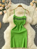 2024 Green Summer Letter Print Cami Dress Casual Sleeveless Bodycon Spaghetti Dress Women's Clothing Outfits Short Sundress