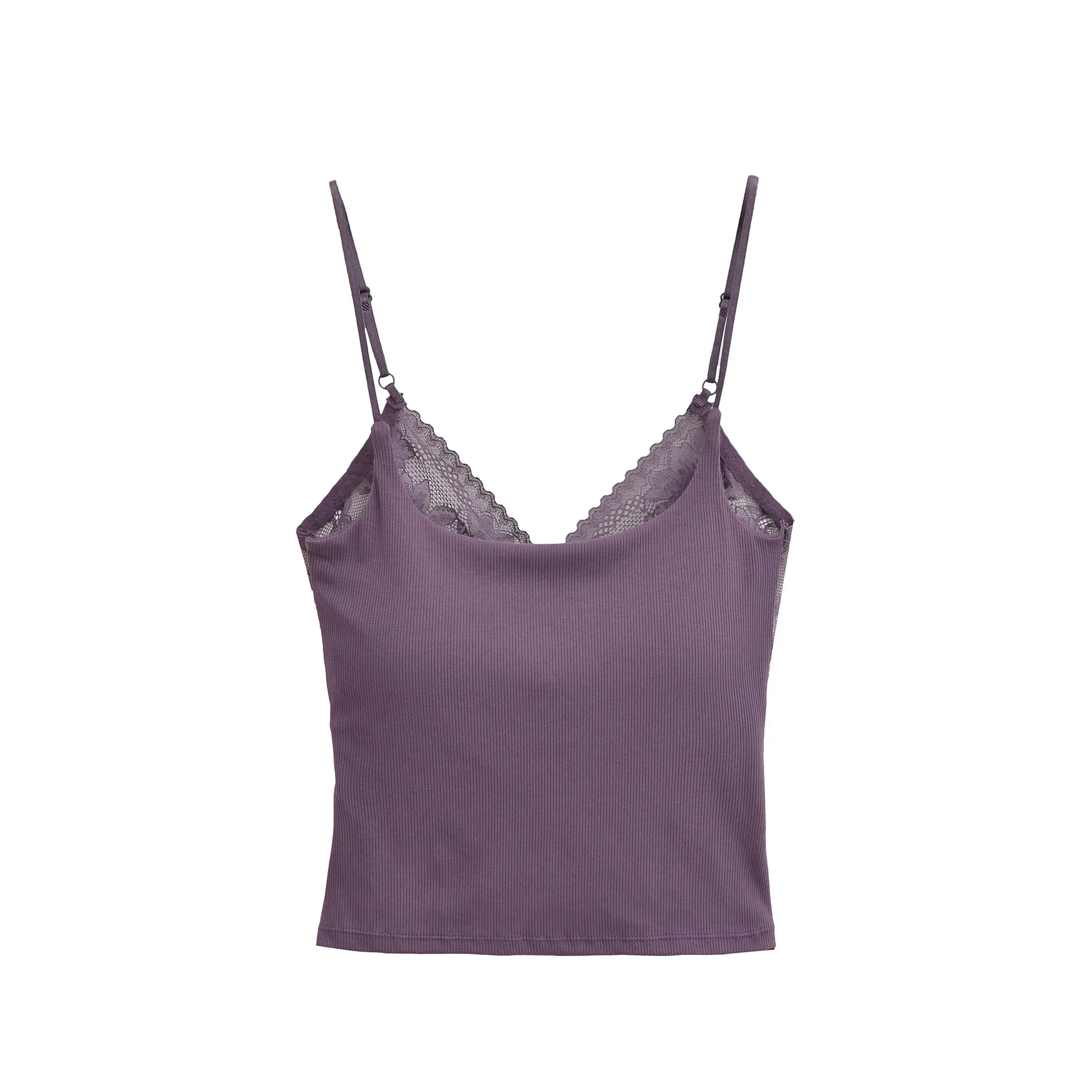 เสื้อสายเดี่ยวเซ็กซี่สไตล์ลำลองสำหรับผู้หญิง รุ่นใหม่ประจำฤดูใบไม้ร่วง ตกแต่งด้วยลูกไม้ พร้อมฟองน้ำเสริมทรง ด้านหลังเปิดกว้าง รุ่น 2GK2