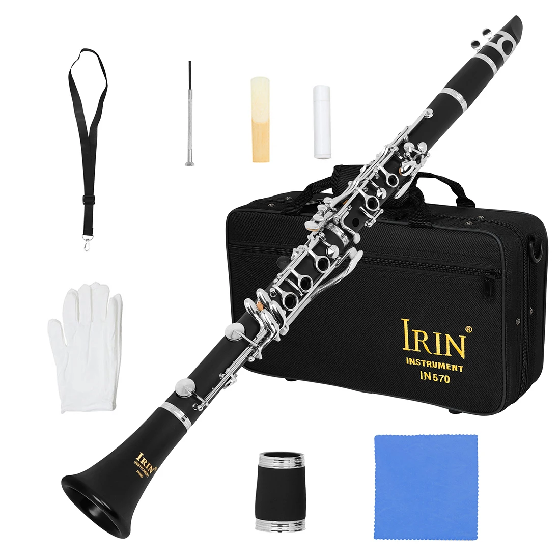IRIN Clarinete Bb Clarino Baquelita de madera de 17 teclas con caja, accesorios de lengüetas para limpiar, examen de juego para principiantes para estudiantes