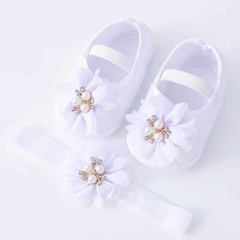 One Year Newborn Shoes Cute Pearl Bows Baby Headband Socks Lace Flower New Born Girl Hair Accessories Baby First Walker Shoes