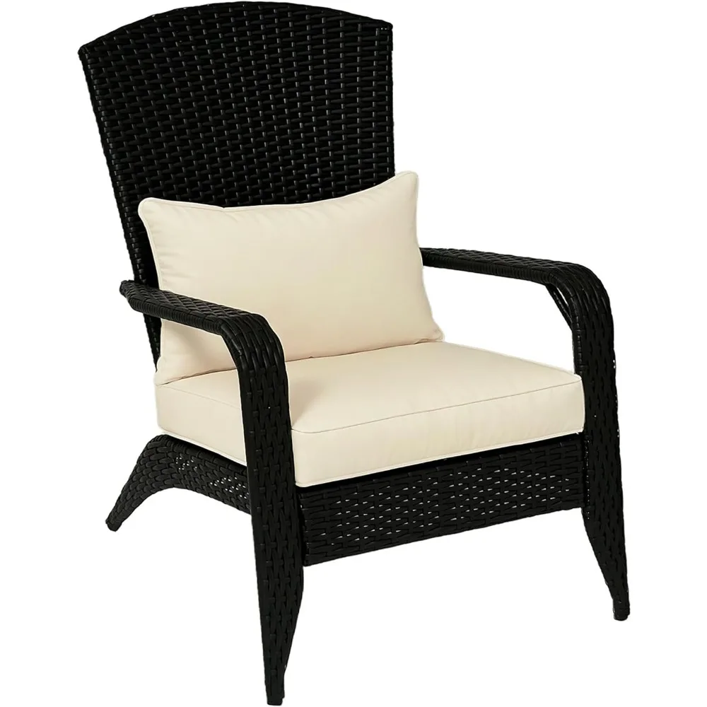 

Patio Wicker Adirondack Chair, Outdoor All-Weather Rattan Fire Pit Chair with Soft Cushions, Tall Curved Backrest and